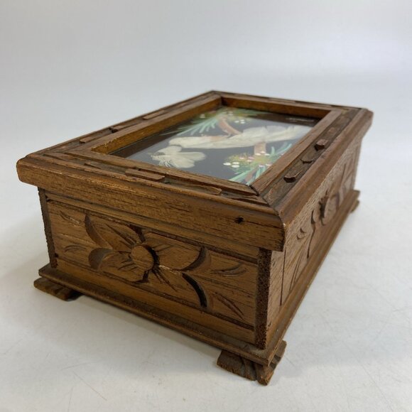 Carved Wood Hinged Trinket Jewelry Box Real Bird Feather Art Lid Vintage 5x7 - Picture 4 of 8